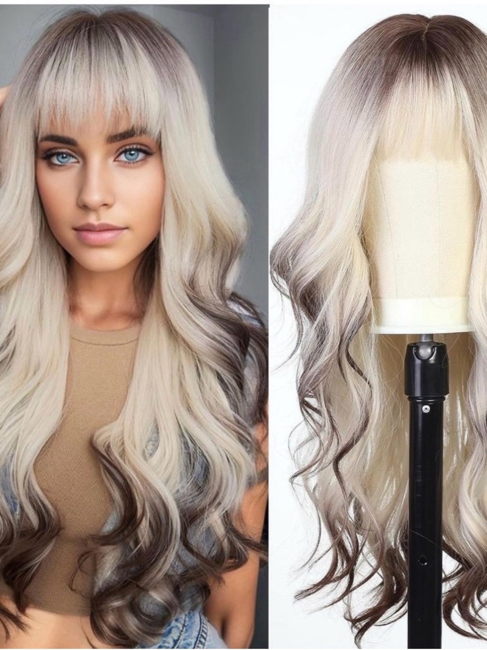 Blonde Ombre Long Wavy Wig with Bangs - Natural Brown Roots
